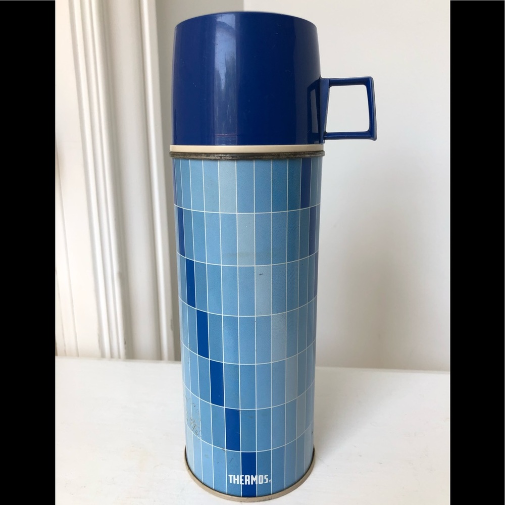 Vintage Collectible Blue Plaid Thermos Bottle